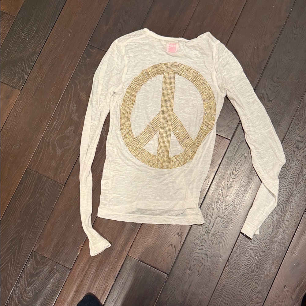 Peace Sign Long Sleeve Women Shirt - White and Gold Size XS